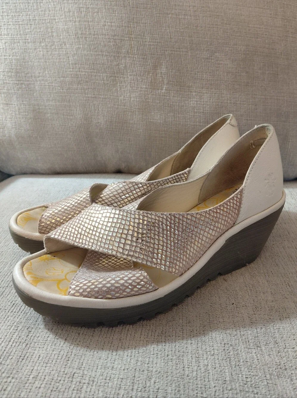 Fly London Cream Metallic Wedge Sandals